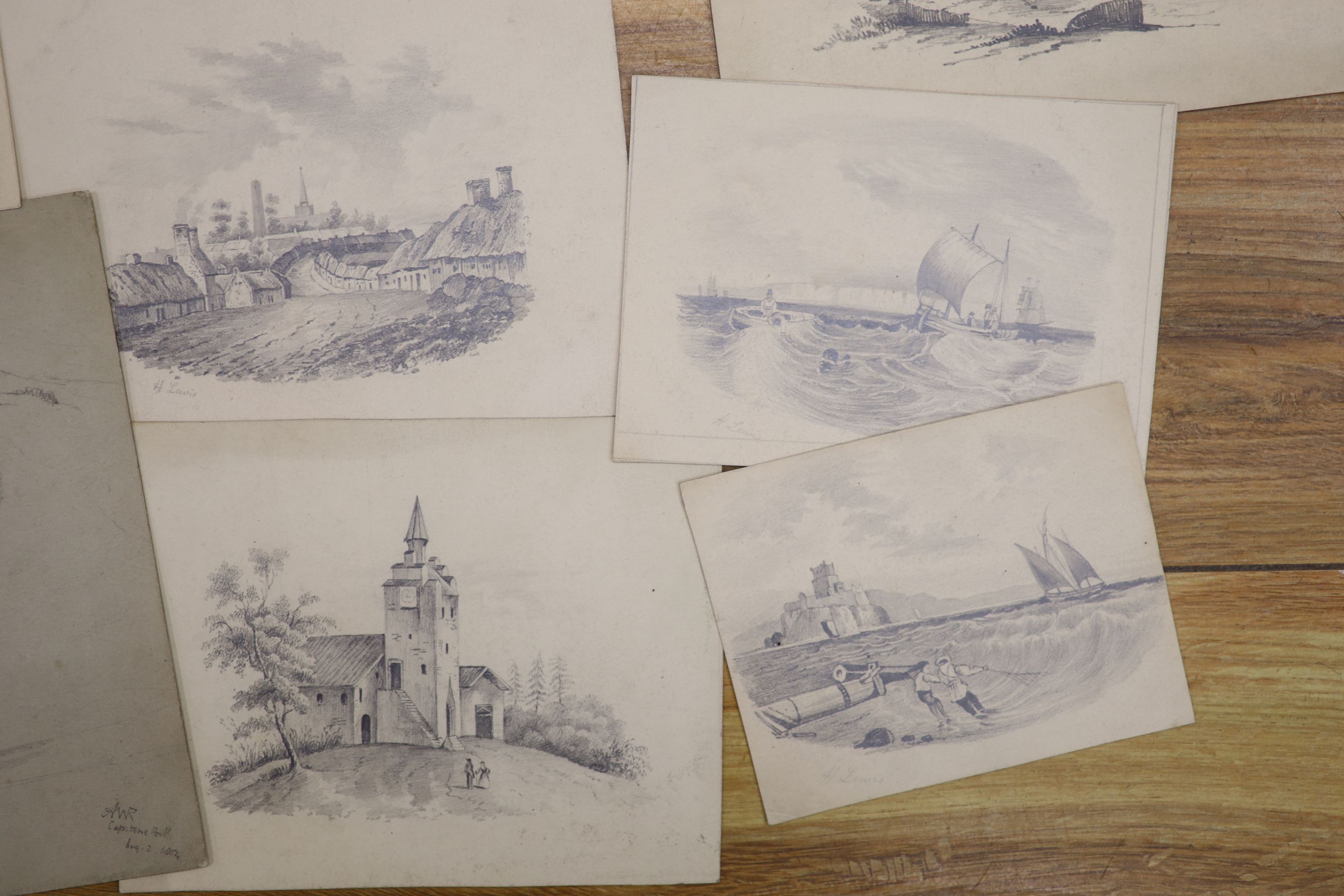 A group of assorted Victorian pencil topographical views, largest 28 x 20cm, unframed